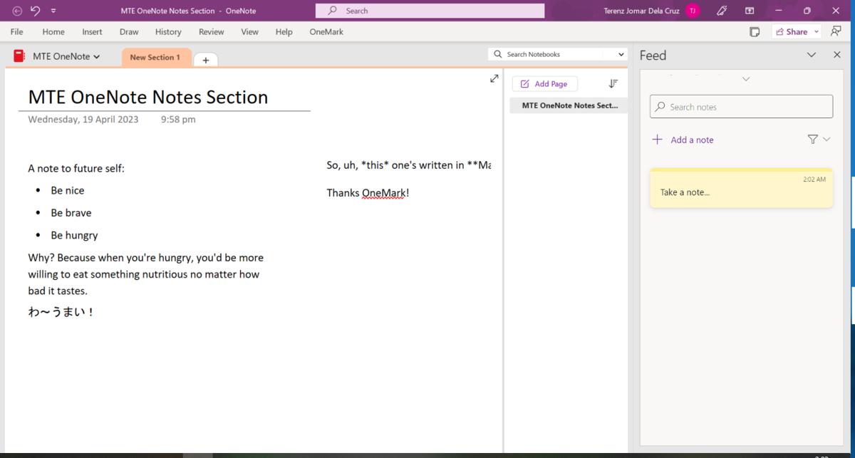 Feed pane in OneNote app.