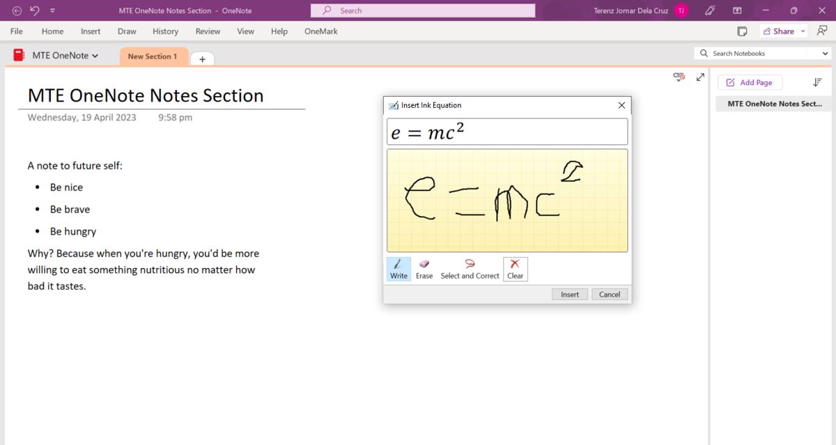 Drawing math equation in OneNote.