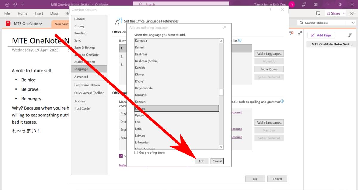 Adding a new language in OneNote.
