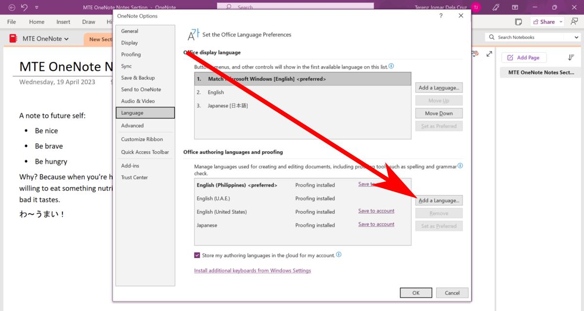 Clicking on "Add a Language" button in OneNote.