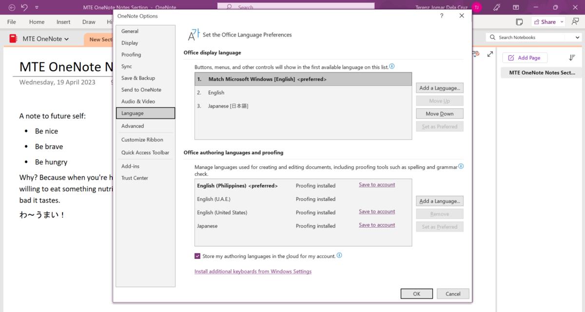Accessing language settings in OneNote.