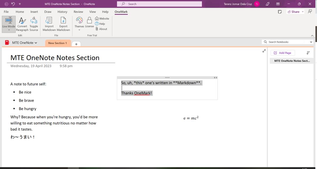 Typing in Markdown in OneNote.