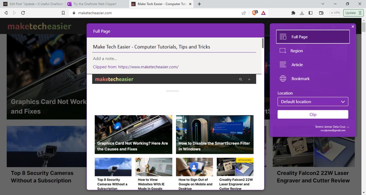 OneNote web clipper in action.