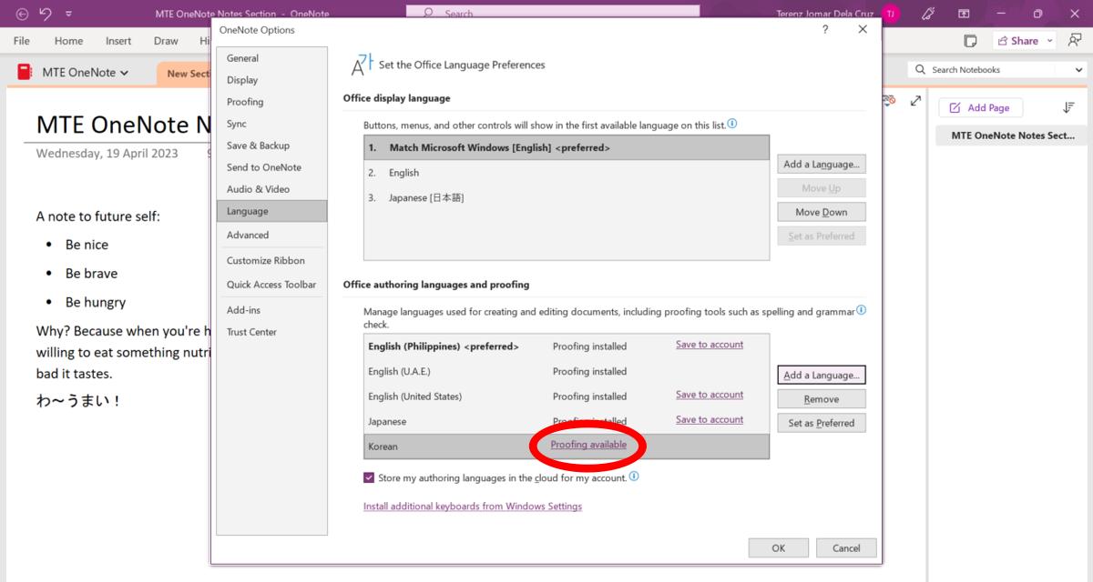 Adding proofing option for selected language in OneNote.