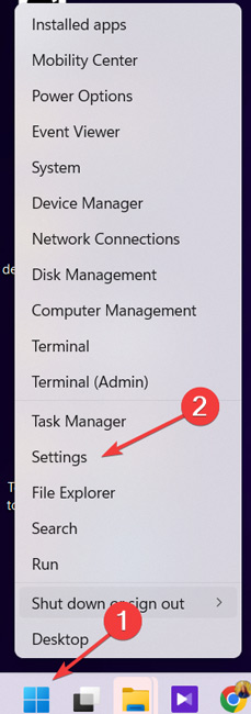 Selecting "Settings" from WinX menu. 