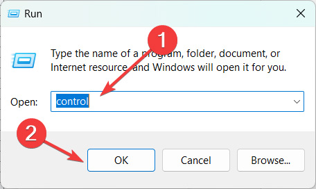 Typing "control" in Run window. 