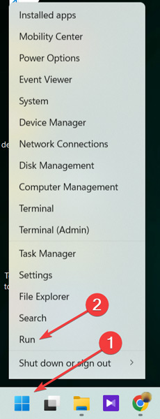 Selecting "Run" from WinX menu.