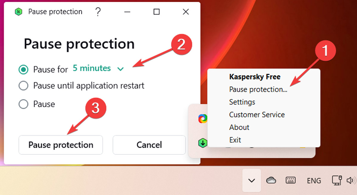 Opting for the "Pause protection" option for antivirus.