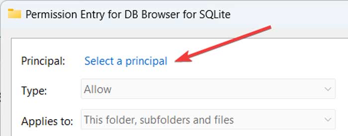 Clicking on "Select a principal" option in Permission Entry window. 