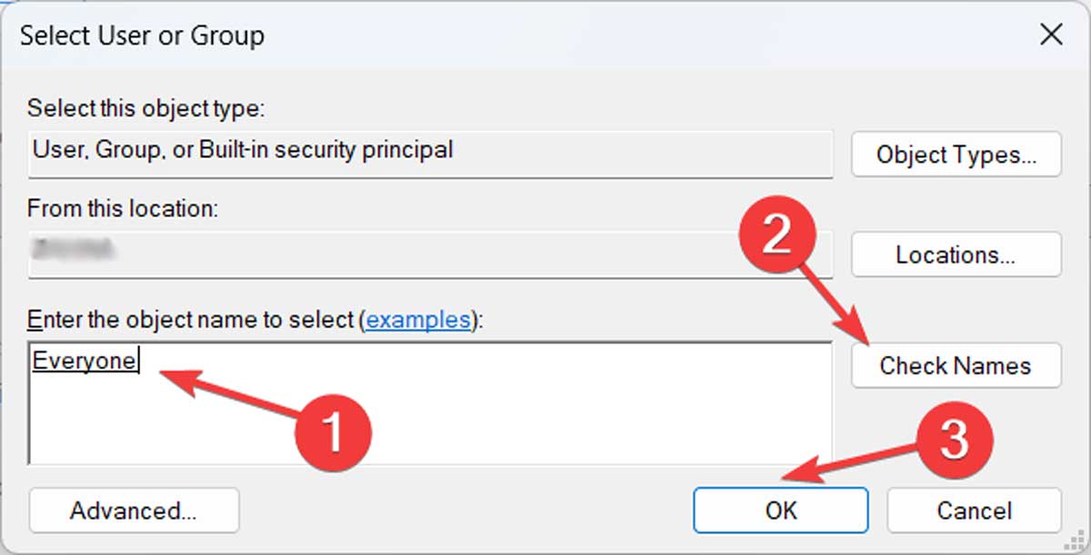 Typing "Everyone" in "Enter he object name to select" window.