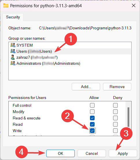 Checking "Write" permissions for "Users" group. 