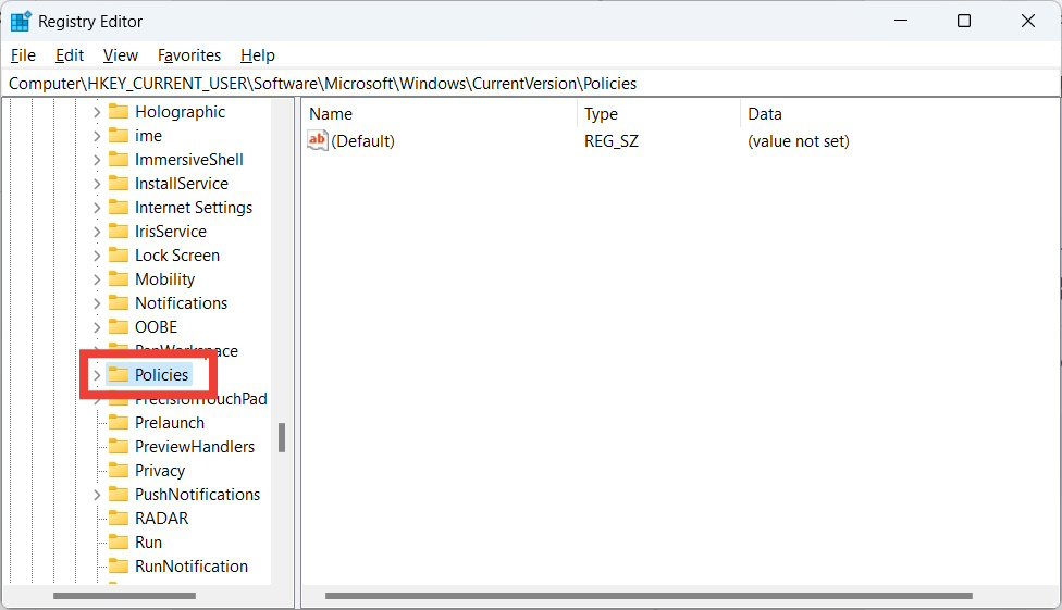Policies key in the Windows Registry Editor.