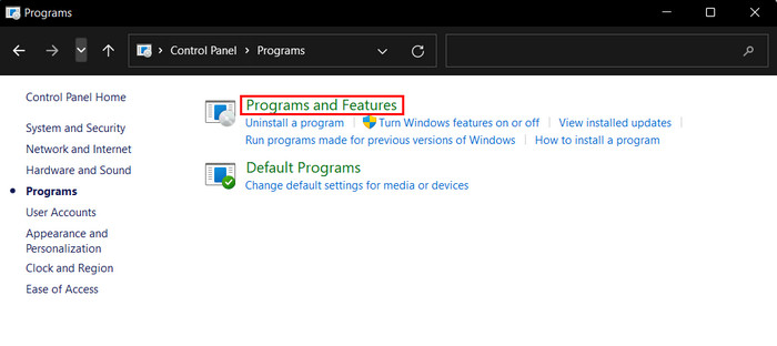 Clicking on "Programs & Features" in Control Panel. 
