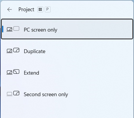 Projection Options on Windows 11, with the "PC screen only" option selected.