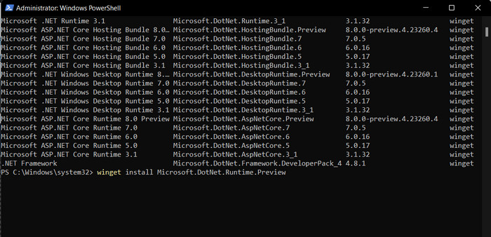 Installing .NET version via PowerShell. 