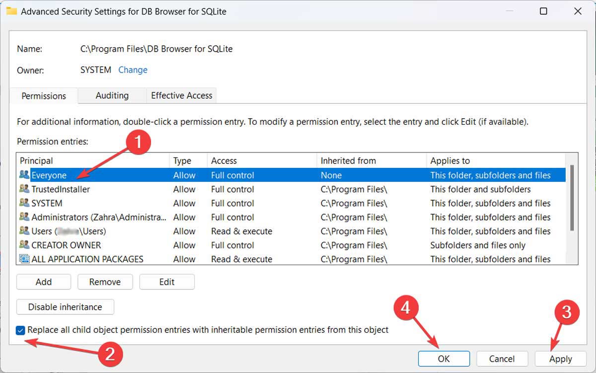 Enabling "Replace all child object permission entries..." option in Advanced Security Settings. 