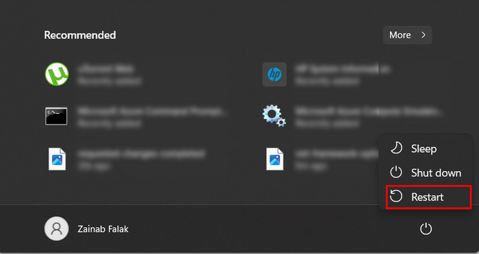 Clicking "Restart" button in Windows Start. 