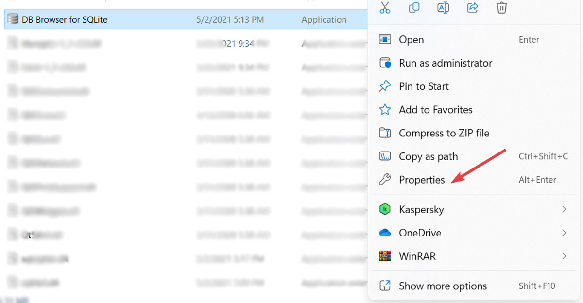 Bringing up "Properties" from the program context menu. 