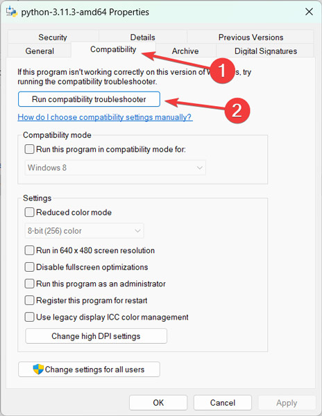 Clicking on "Compatibility troubleshooter" option in program properties.