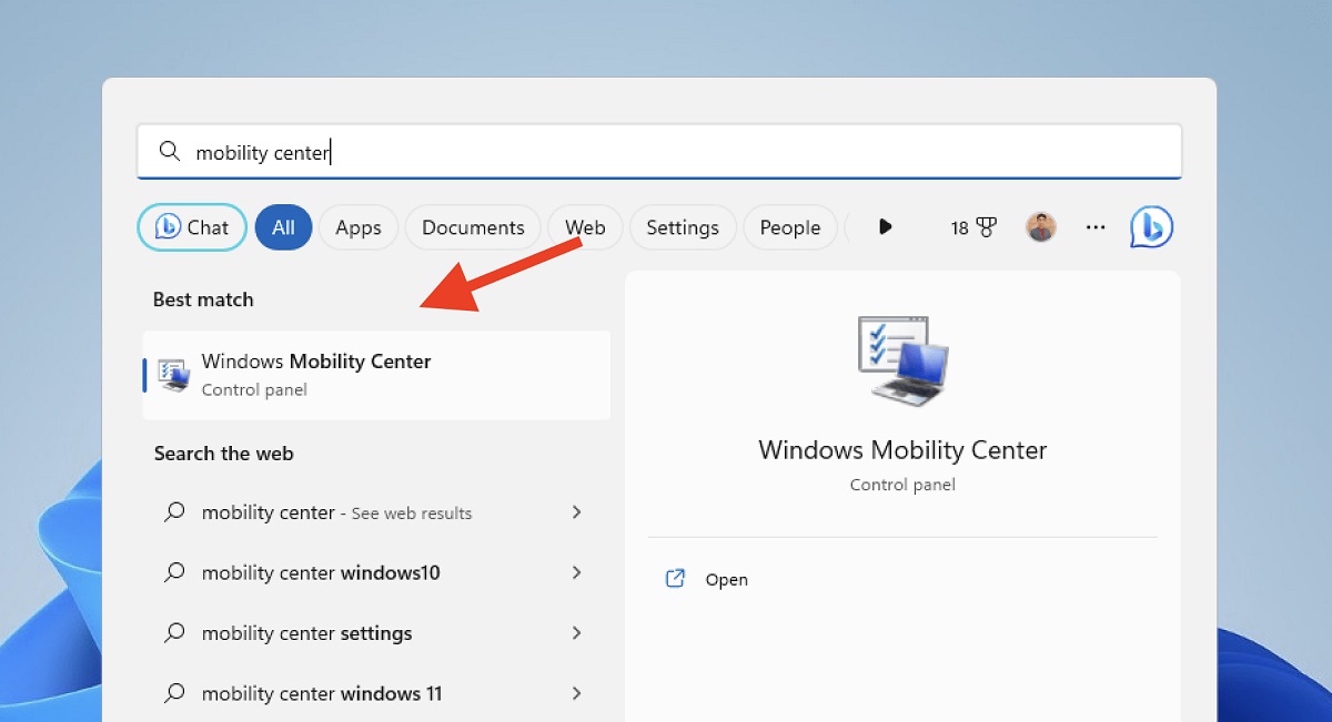 Searching for "Mobility Center" via Start button. 