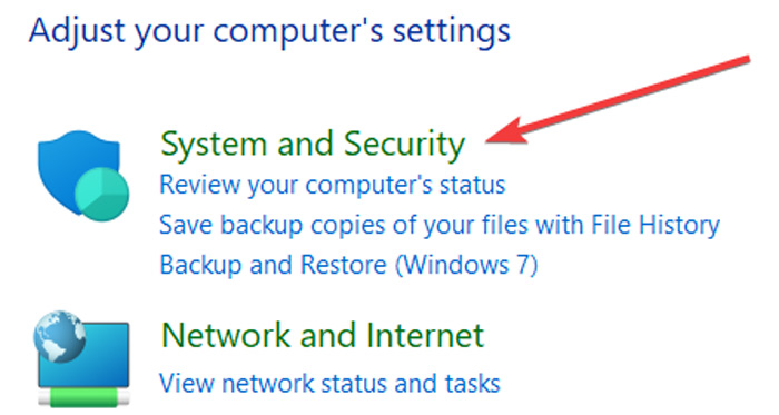 Selecting "System and Security" in Control Panel. 