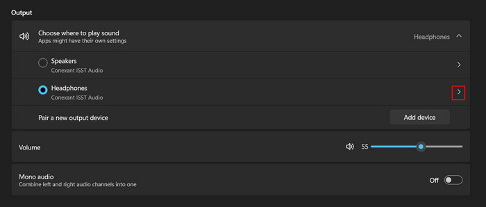 Clicking on arrow icon next to sound device. 