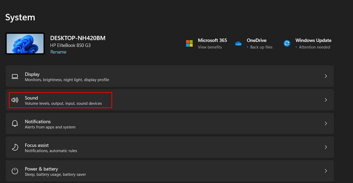 Navigating to "Sound" under System in Windows Settings. 