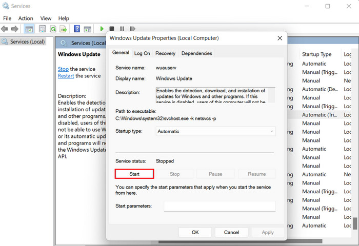 Clicking "Start" for Windows Update in Services app. 
