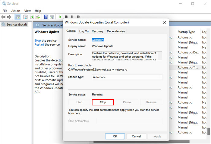 Click on "Stop" button in Windows Update Properties.