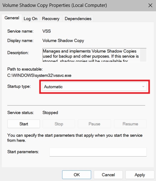 Setting "Startup type" to "Automatic" in Volume Shadow Copy properties.