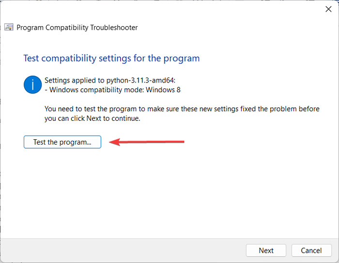 Clicking on "Test the program" button in compatibility troubleshooter.