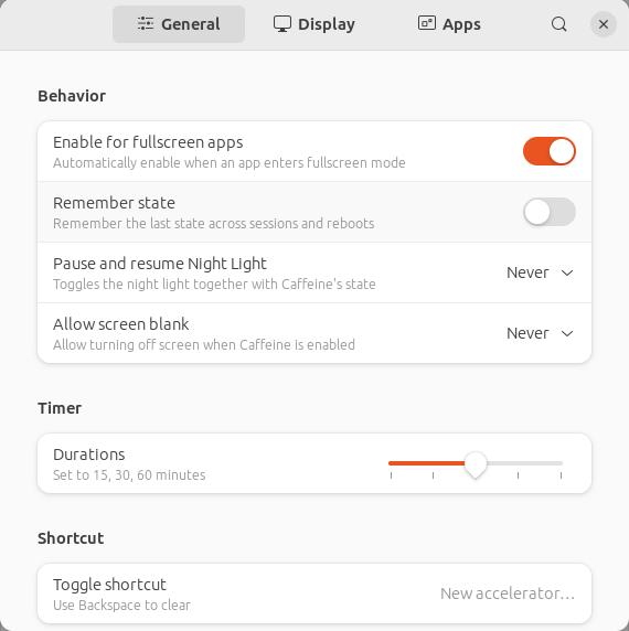 A screenshot of the Caffeine extension settings window.