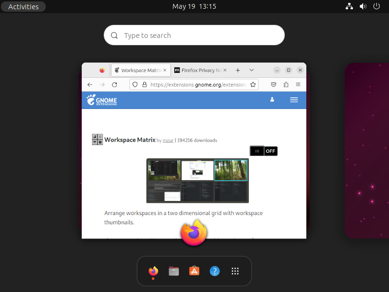 A screenshot of the traditional GNOME workspace overview.
