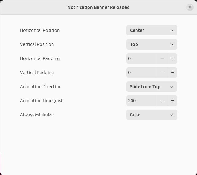 A screenshot of the settings menu for Notification Banner Reloaded.