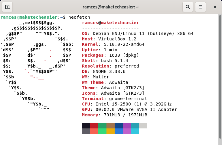 A terminal showing the specifications of a Debian system.