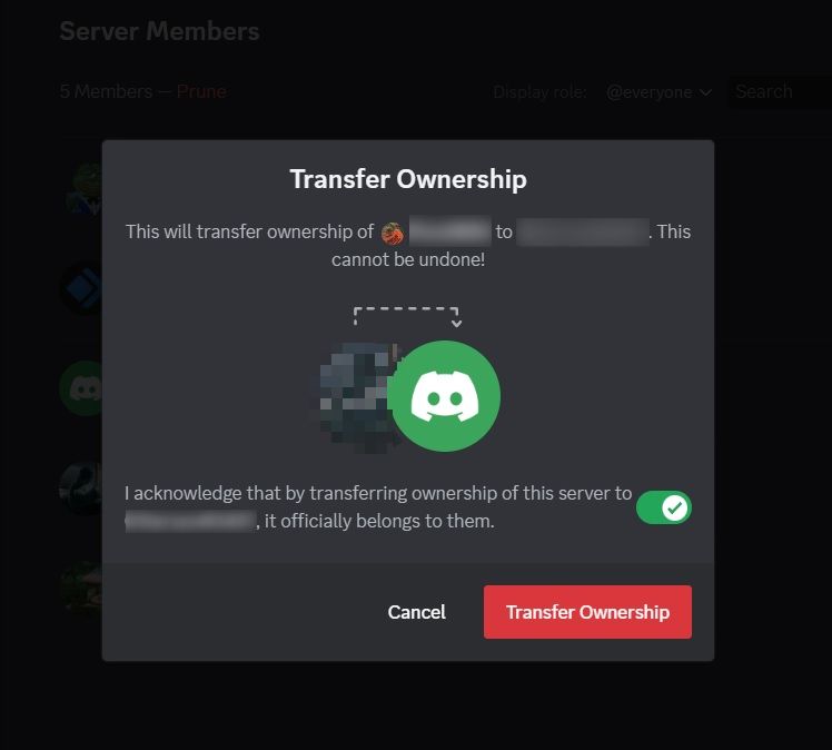 Transfer ownership confirmation pop-up. 