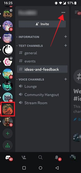 Tapping on three dots in server screen on Discord app. 