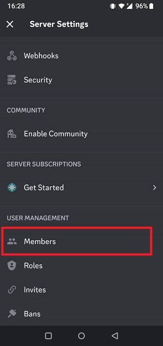 Tapping on "Members" under "User management" in Discord app. 