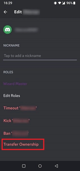 "Transfer ownership" button in Discord app. 