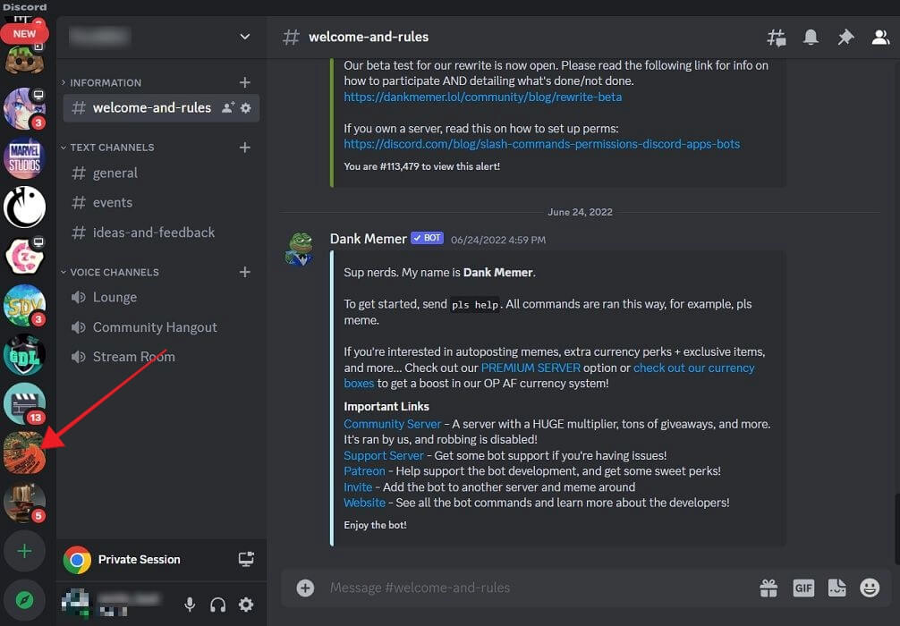 Clicking on server bubble in Discord for PC.