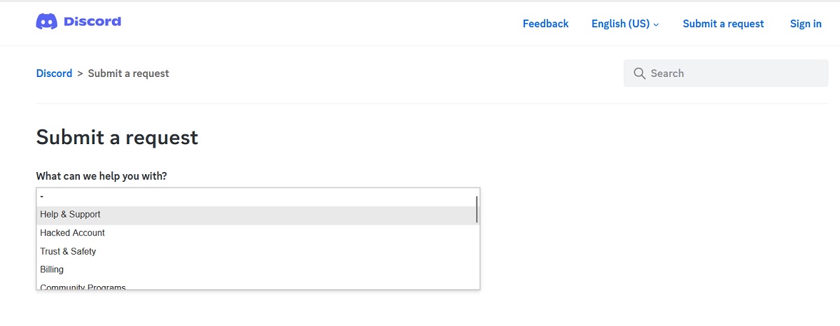 "Submit a request" page on Discord website. 
