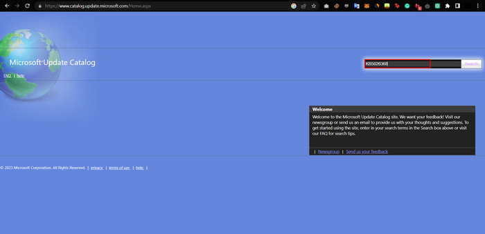Microsoft Update Catalog with Search bar visible.