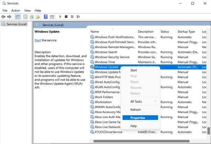 Selecting "Properties" in context menu for Windows Update in Services app.