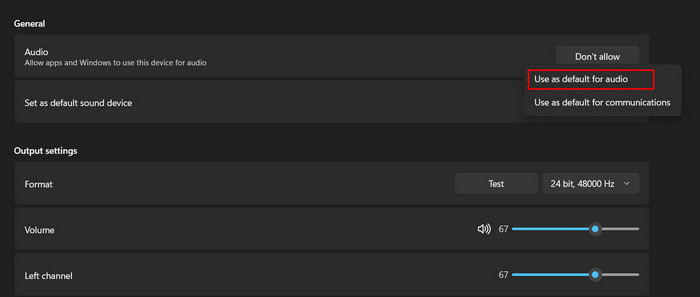 Selecting "Use as default for audio" option next to "Set as default sound device."