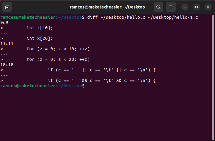 A terminal window showing the output of a diff command.
