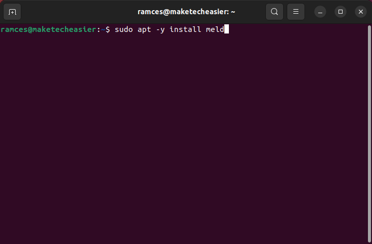 A terminal window showing the installation command for Meld.