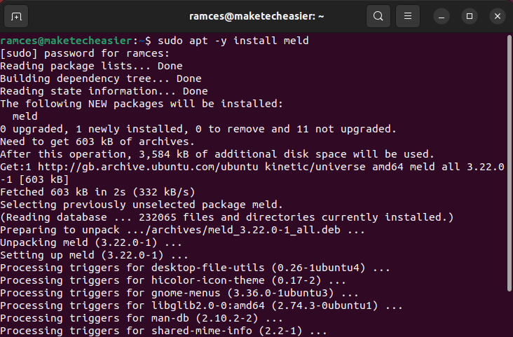 A terminal window showing the installation process for Meld.