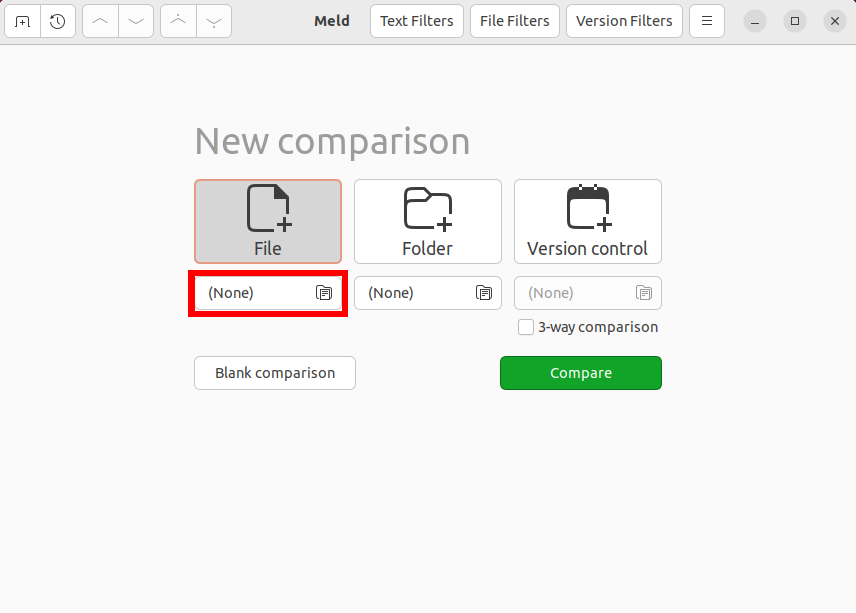 A screenshot of the Meld screen with a highlight on the first file picker.