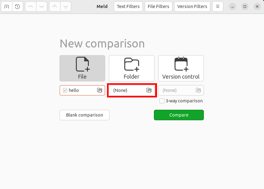 A screenshot of the Meld screen with a highlight on the second file picker.