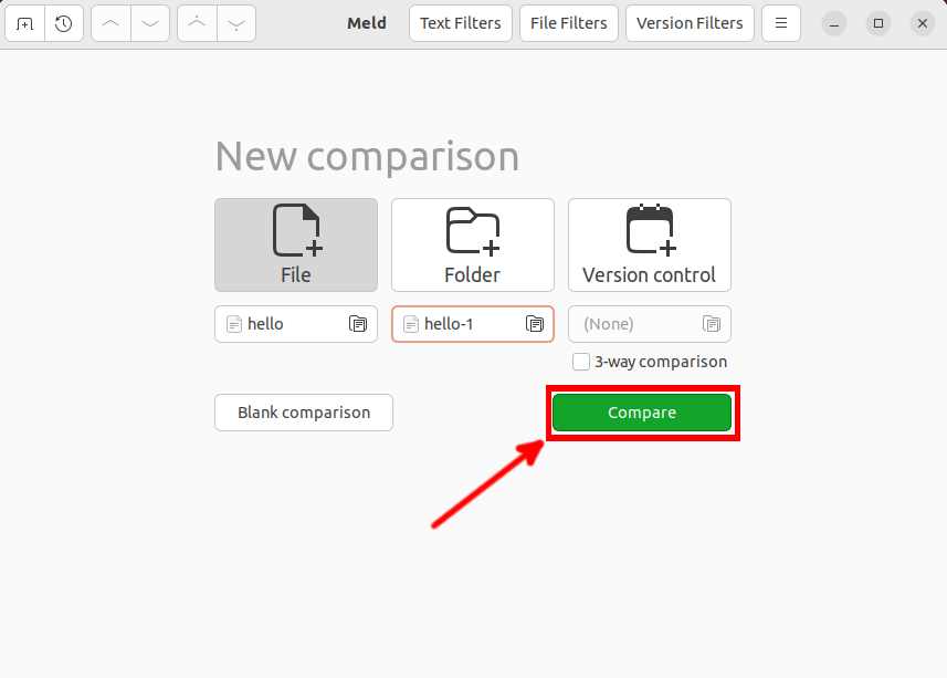 A screenshot of the Meld screen with a highlight on the Compare button.